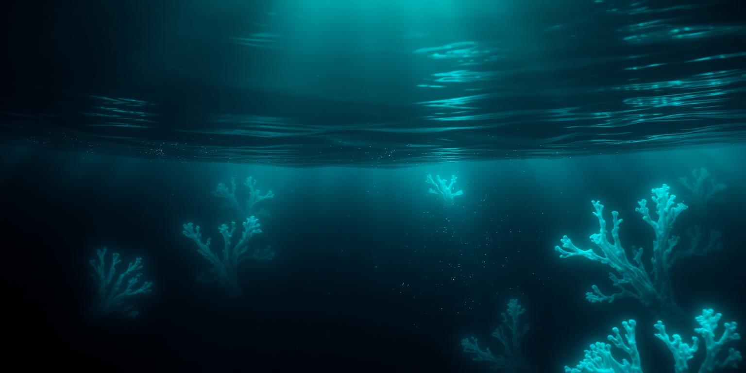 Bioluminescent coral reef glowing in the deep ocean